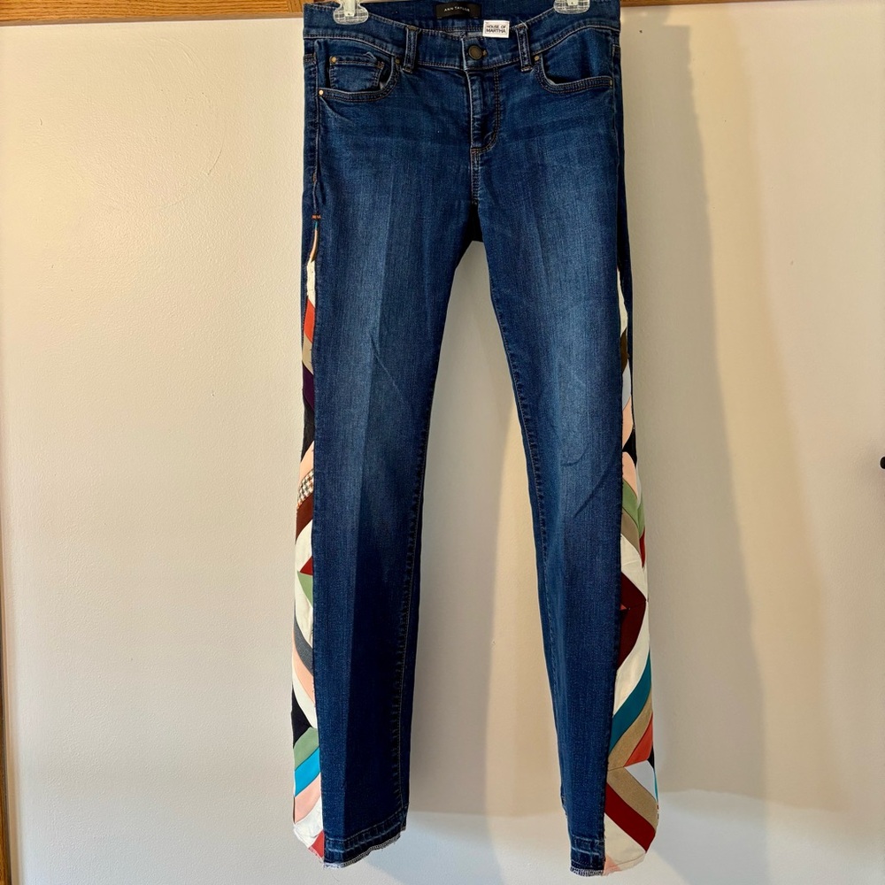 Ann Taylor Up Cycled with Vintage Arrowhead Quilt Bell Bottom Blue Jeans Sz‎ 8 - Picture 5 of 13